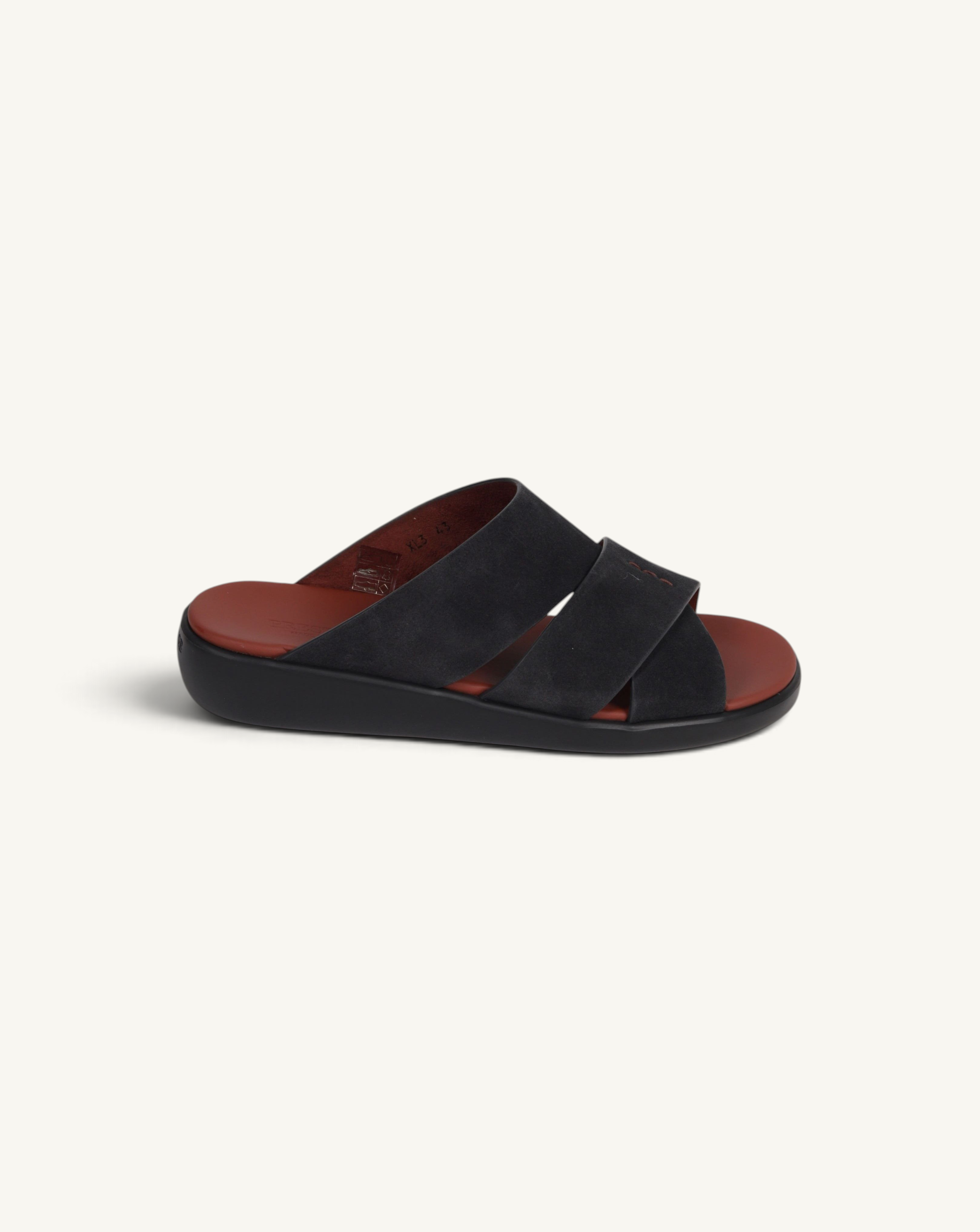 Prestige PVNL-XL3 anthracite velour slide sandals with crisscross straps and a brown leather footbed
