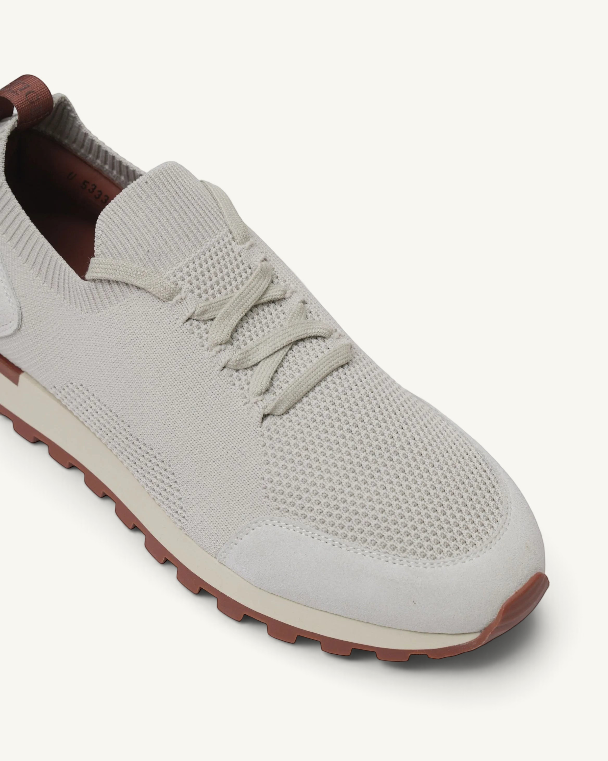 Prestige Flexy Lux beige knit walking sneakers with suede toe cap and brown rubber lug sole