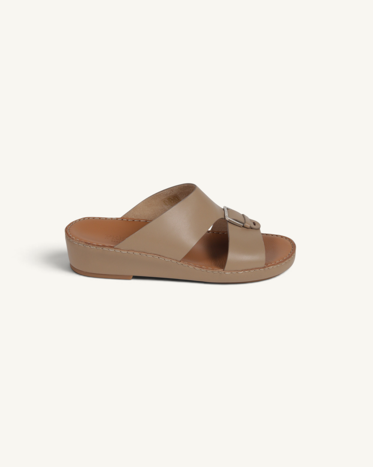 Prestige P3344 Phantom NC Sharon beige leather slide sandal with a metallic buckle and low wedge heel