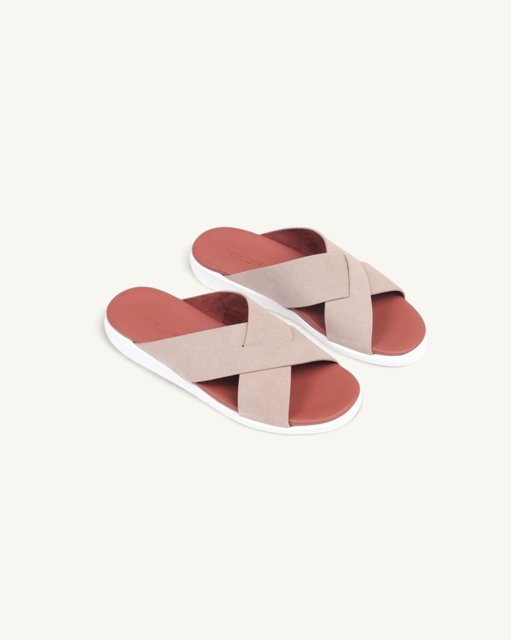Prestige PSV-XL8 Velour SPORT line Sasso slides featuring beige velour crisscross straps and a terracotta footbed.
