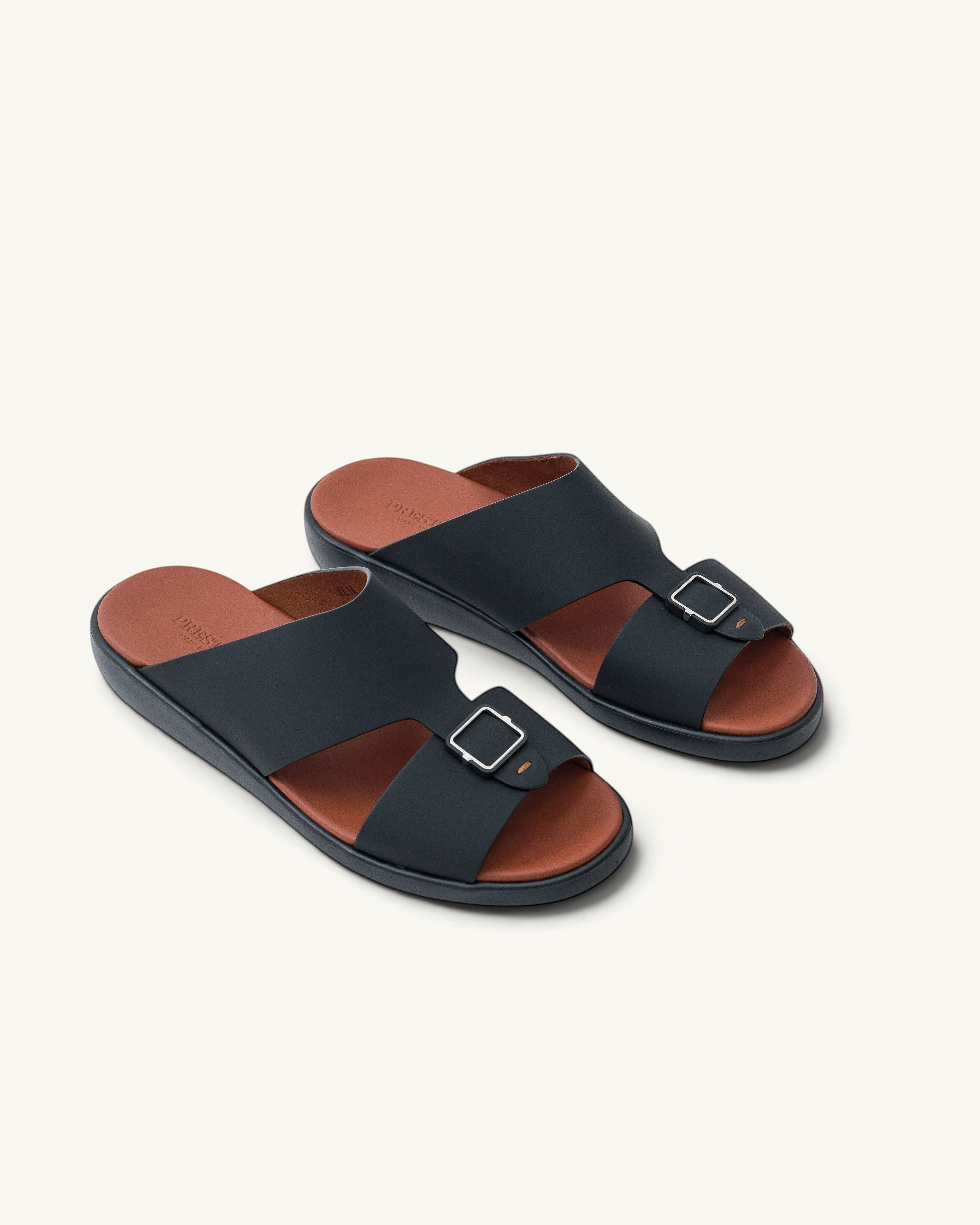 Prestige Lord Gommato black extra light men's sandals with a buckle strap and brown footbed