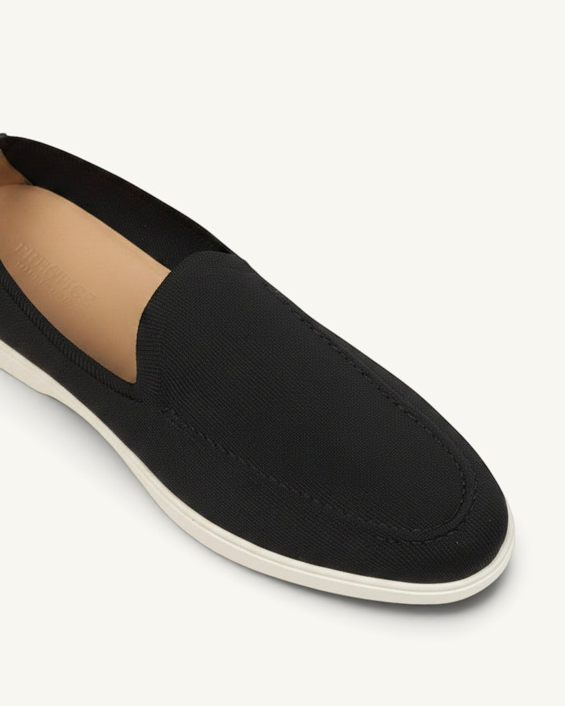 Prestige PS-U5320 Flexy Active black knit loafer with a comfortable slip-on design and white rubber sole