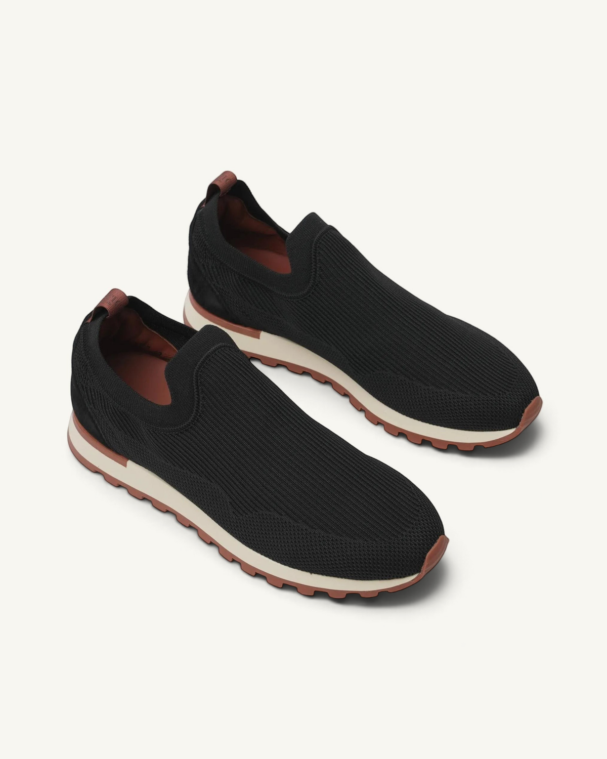 Prestige Flexy Lux active slip-on sneakers in black knit fabric with a white midsole and brown rubber outsole