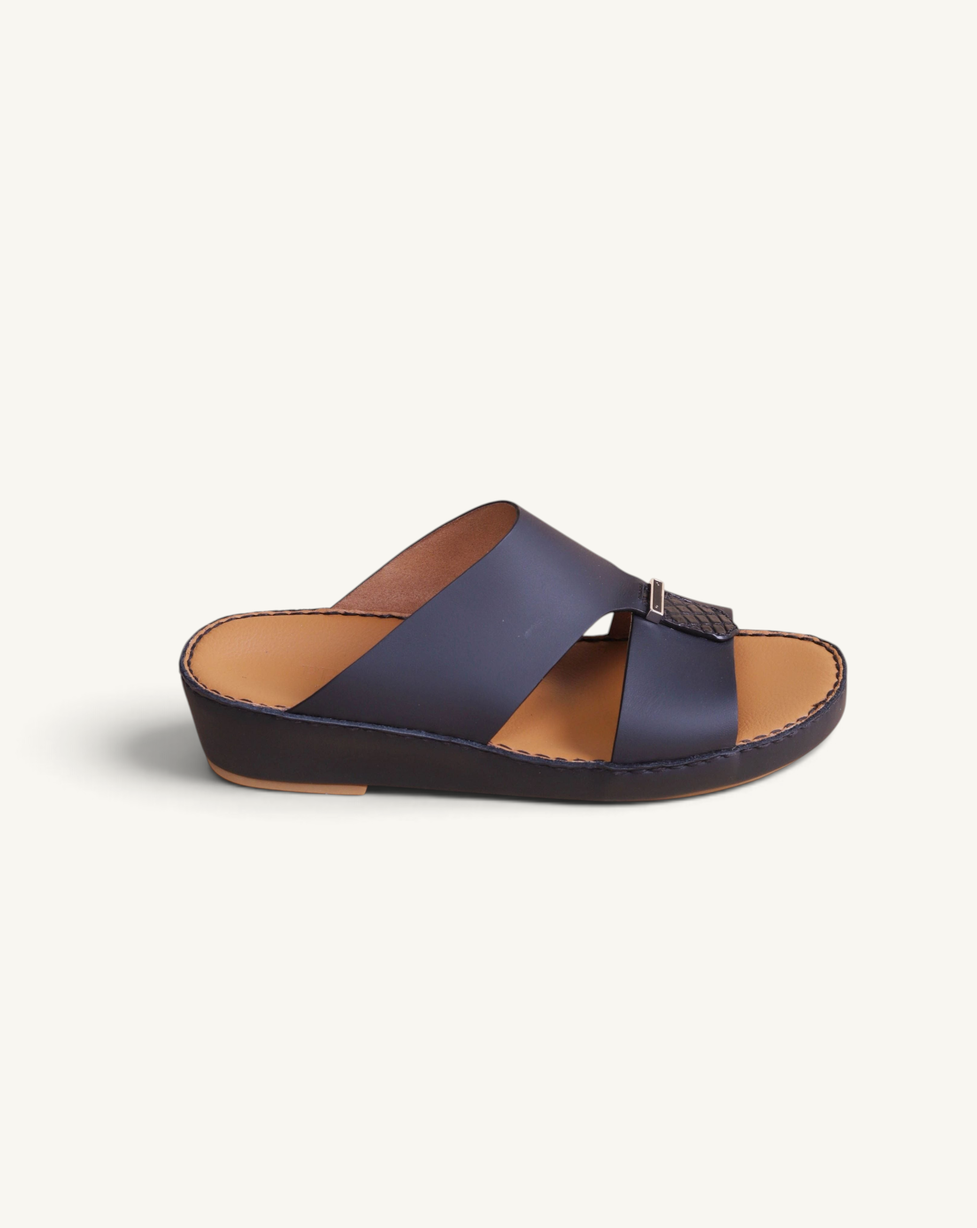 Prestige P3301 Le Mans black leather sandals with a crocodile-textured accent and a comfortable wedge sole