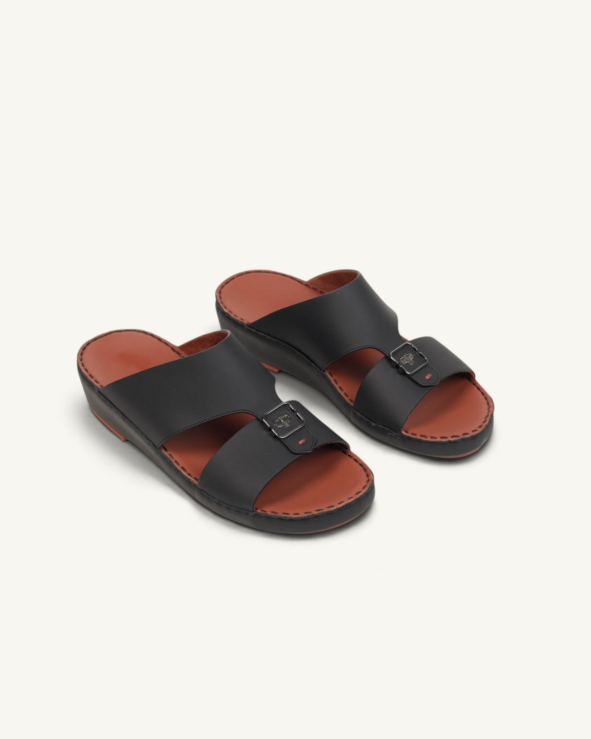 Prestige P3440 MOOD LUX Le Mans black leather sandals with a brown footbed and metallic buckle detail