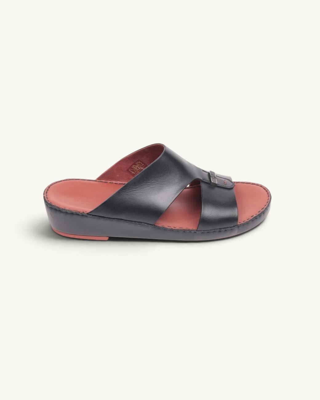 Prestige P3378 Fabulous Lux black napa calf leather slide sandal with a contrasting red cushioned footbed.
