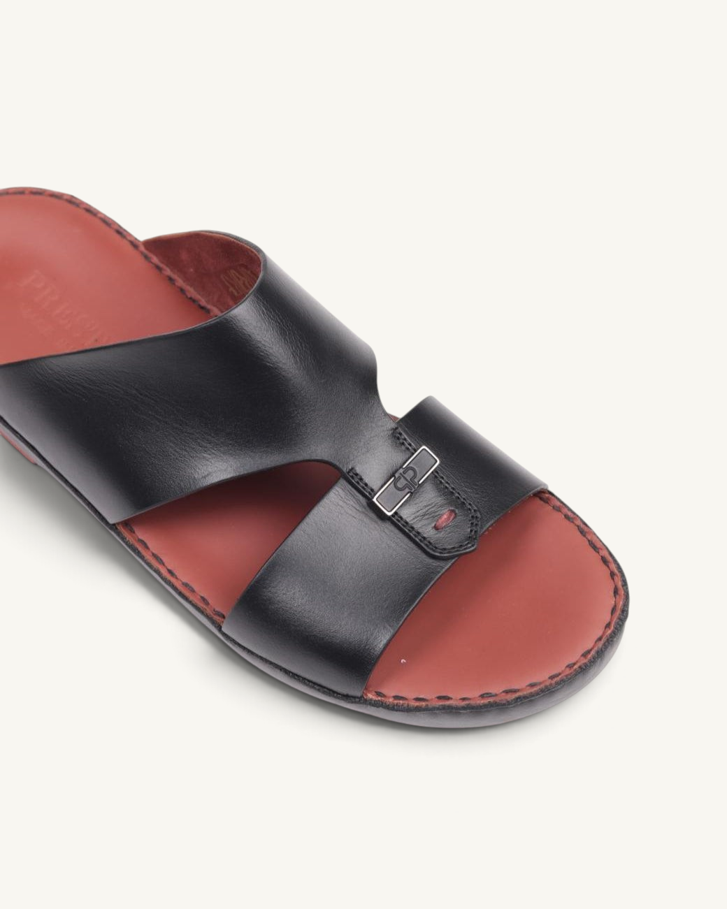Prestige P3378 Fabulous Lux black soft napa calf leather slide sandals with a red footbed and metal buckle detail