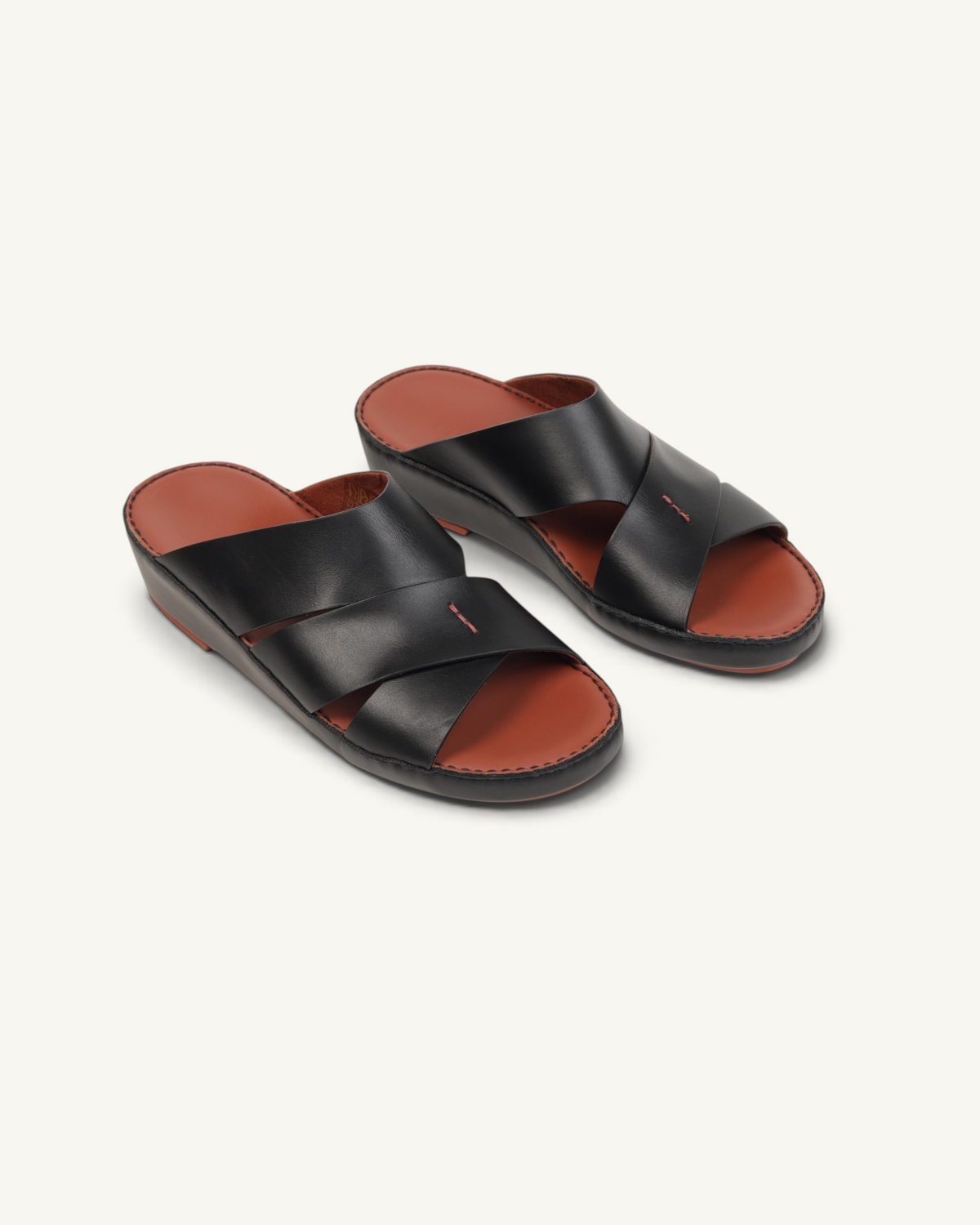 Prestige P3437 PALM LUX black napa calf leather slide sandals with a comfortable brown footbed and cross-strap design.