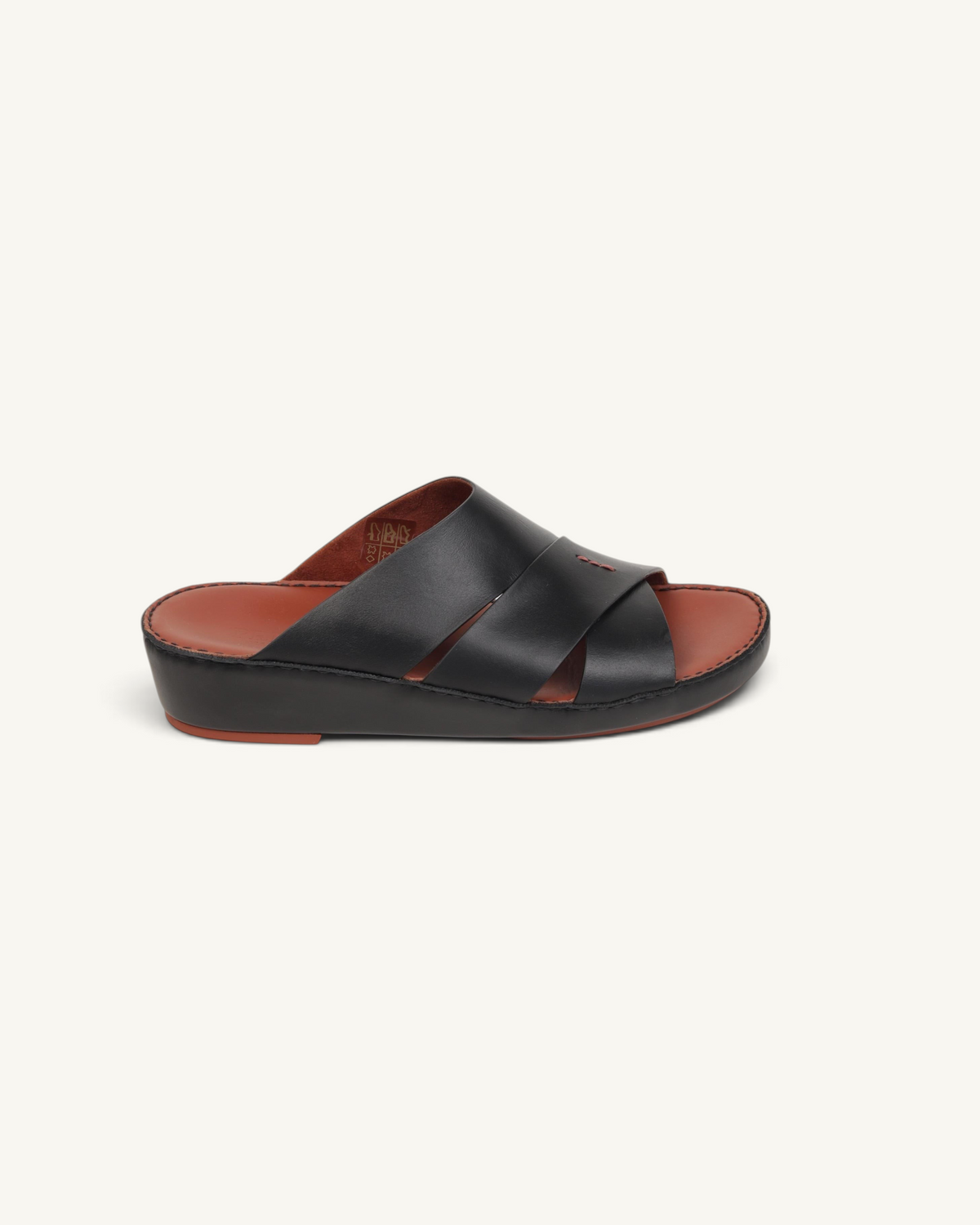 Prestige P3437 PALM LUX black napa calf leather slide sandal with a comfortable brown footbed and cross-strap design.