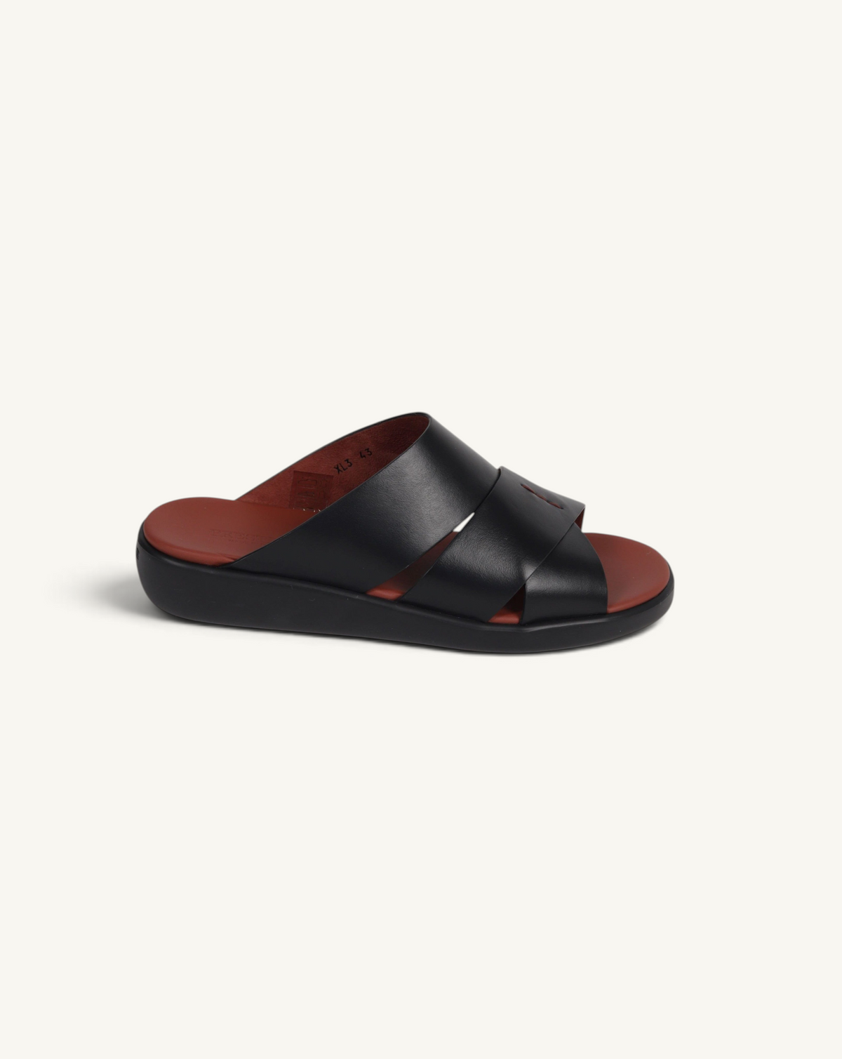 Prestige black soft nappa calf leather slide sandal with a contrasting brown footbed and thick sole
