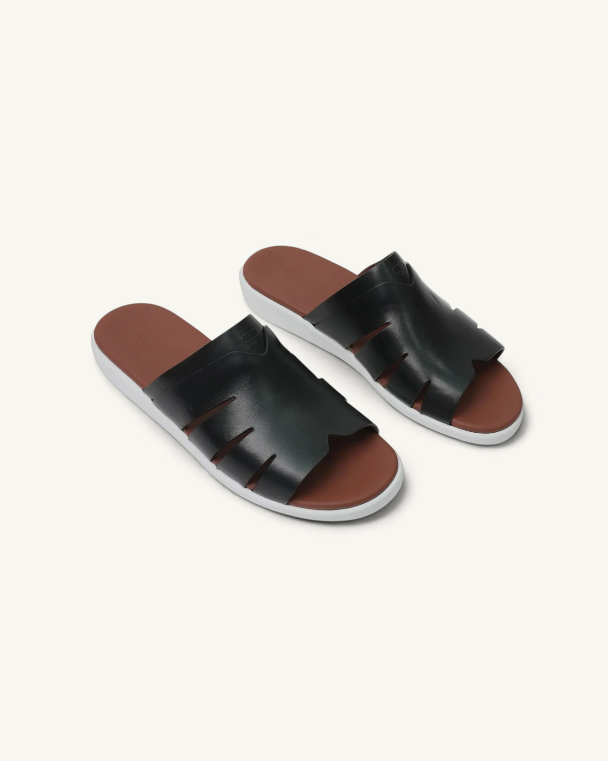 Prestige black soft nappa calf leather sport slides with a brown footbed and white rubber sole