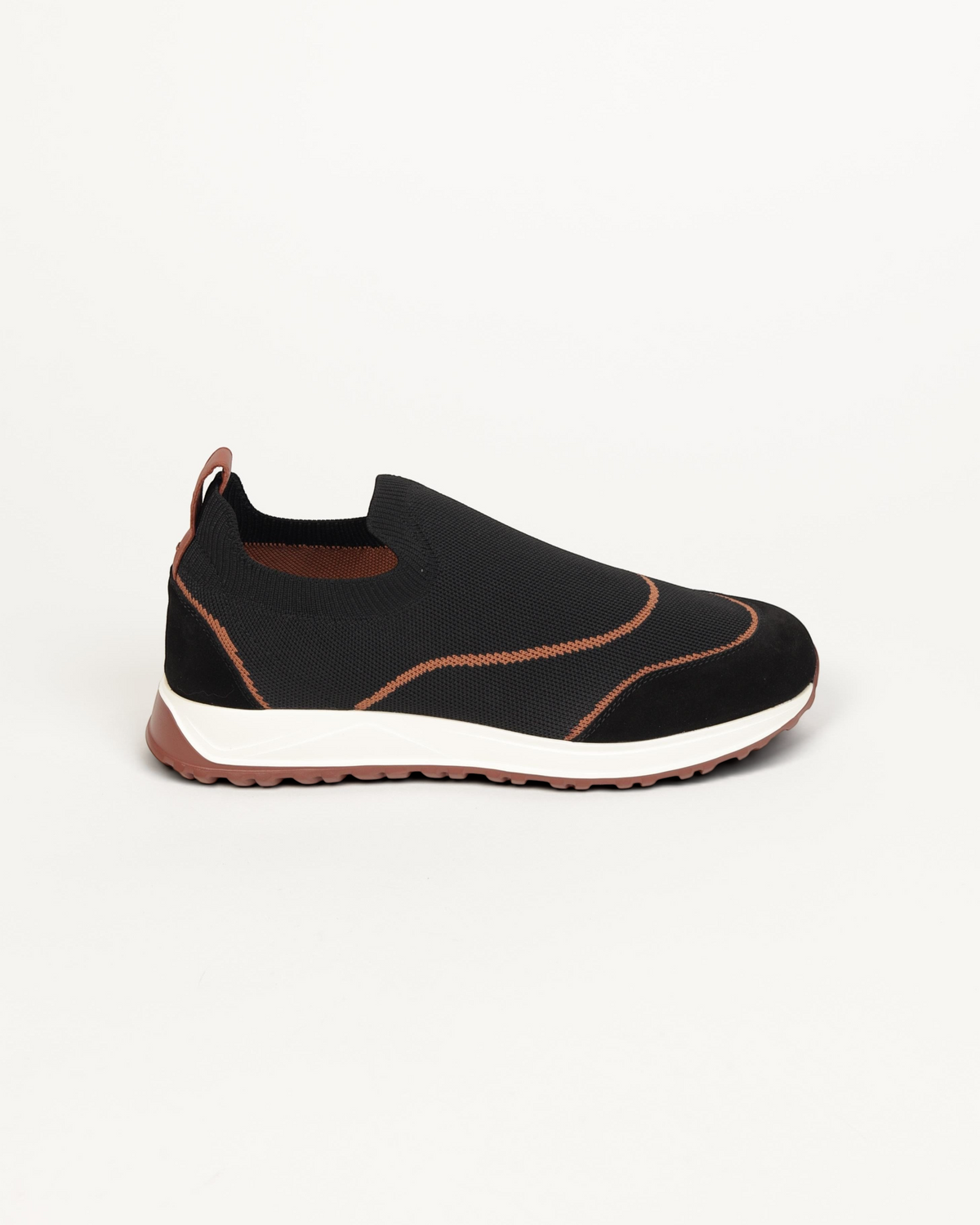 Prestige XLR Walk & Active slip-on sneaker in black knit fabric with brown trim and a white cushioned sole.