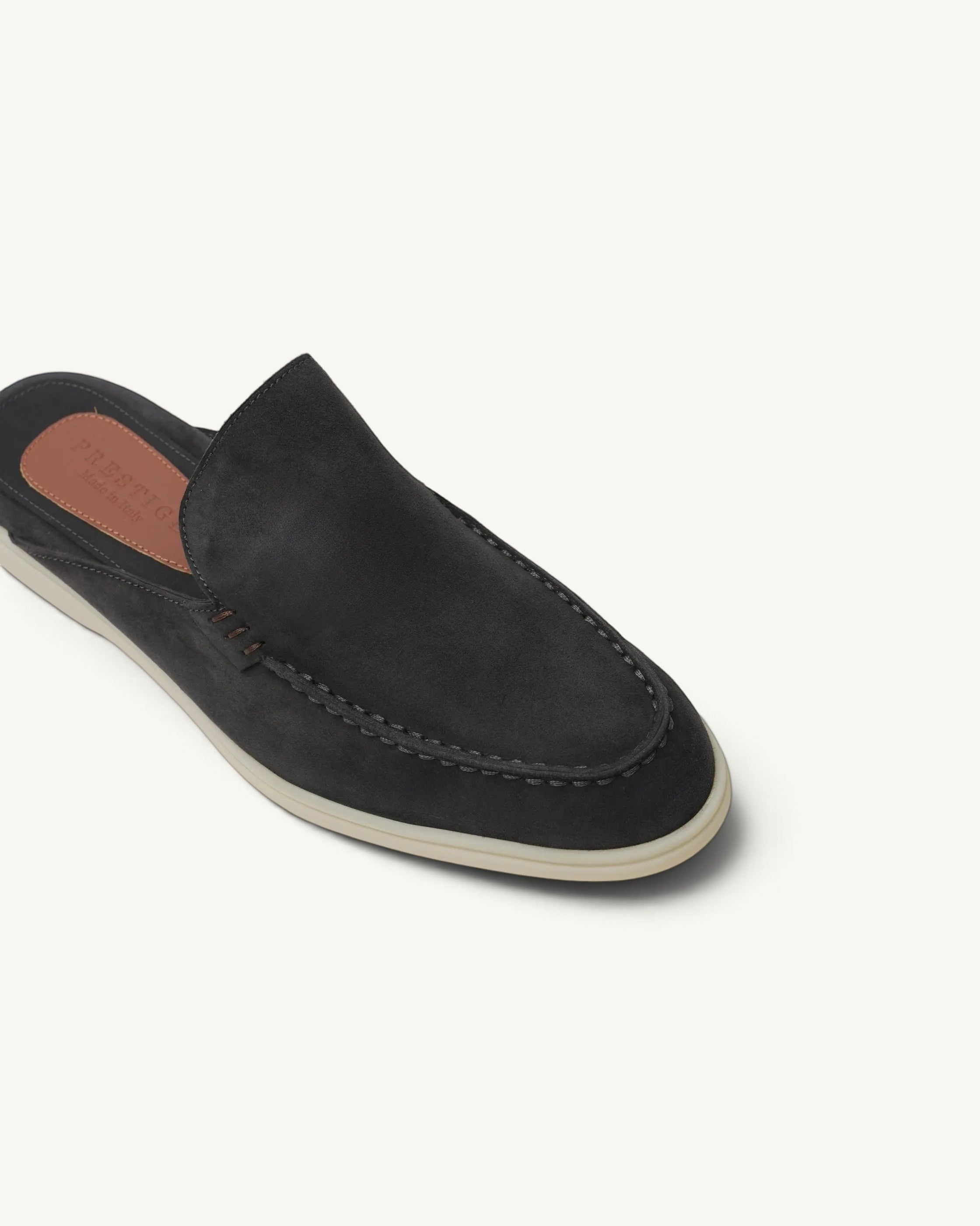 Prestige black suede Babouche Summer Walk slip-on loafers with contrast stitching and a tan leather insole.