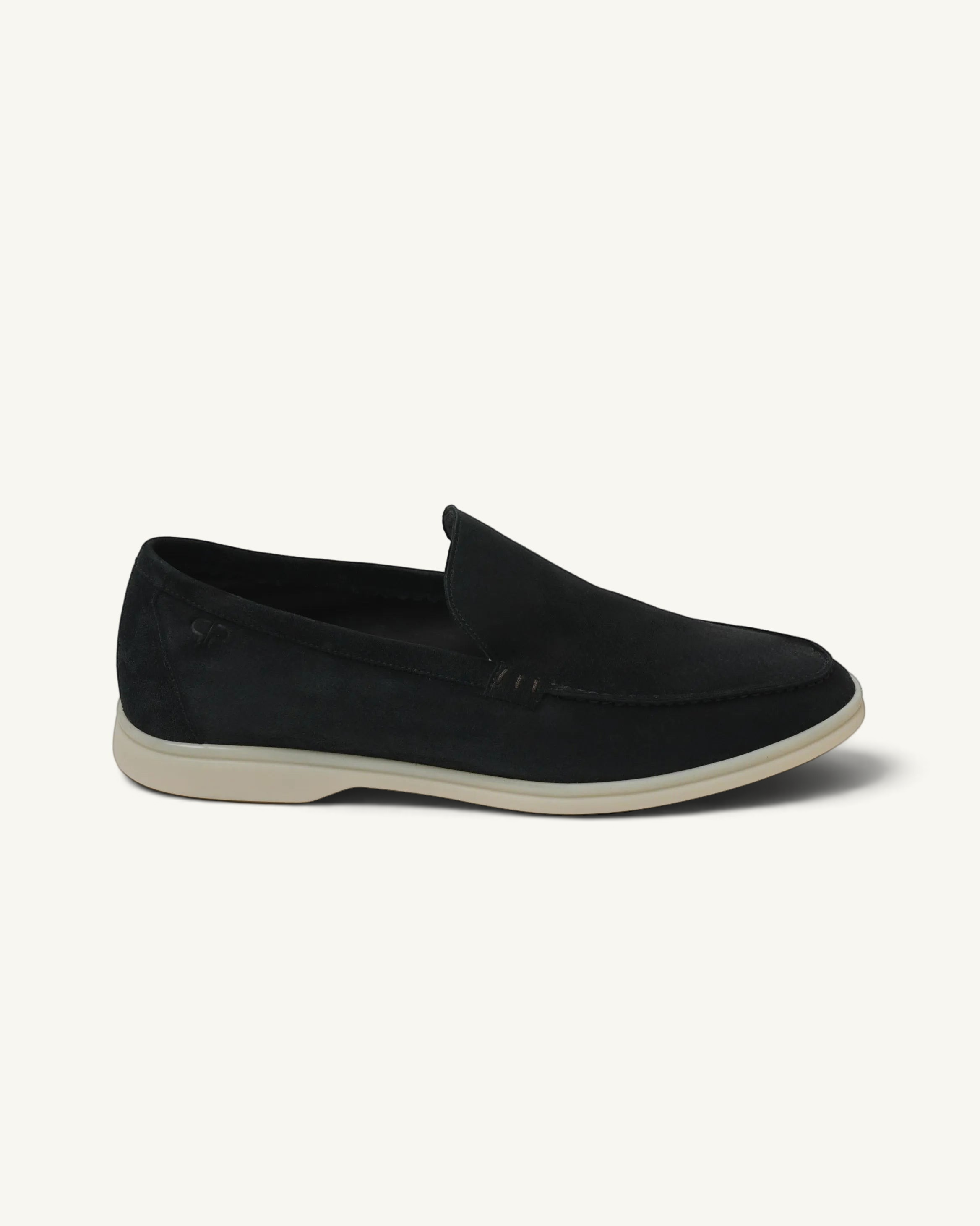 Prestige PSM092S black suede loafer with a white rubber sole, side view