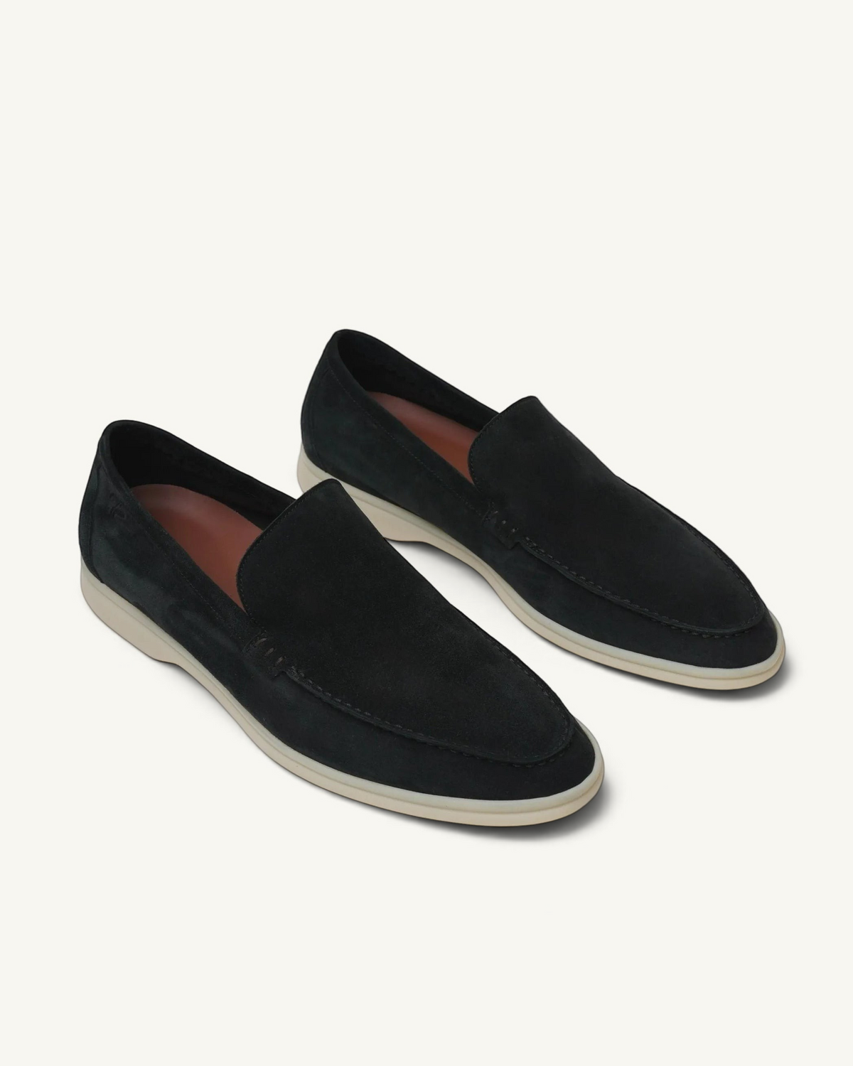 Prestige PSM092S black suede loafers with a comfortable white rubber sole, featuring a classic slip-on design.