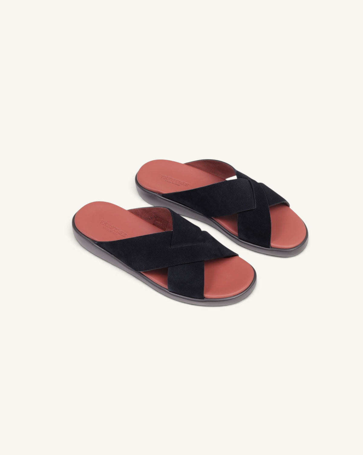 Prestige PSV-XL8 black velour slide sandals with crisscross straps and a contrasting red leather footbed