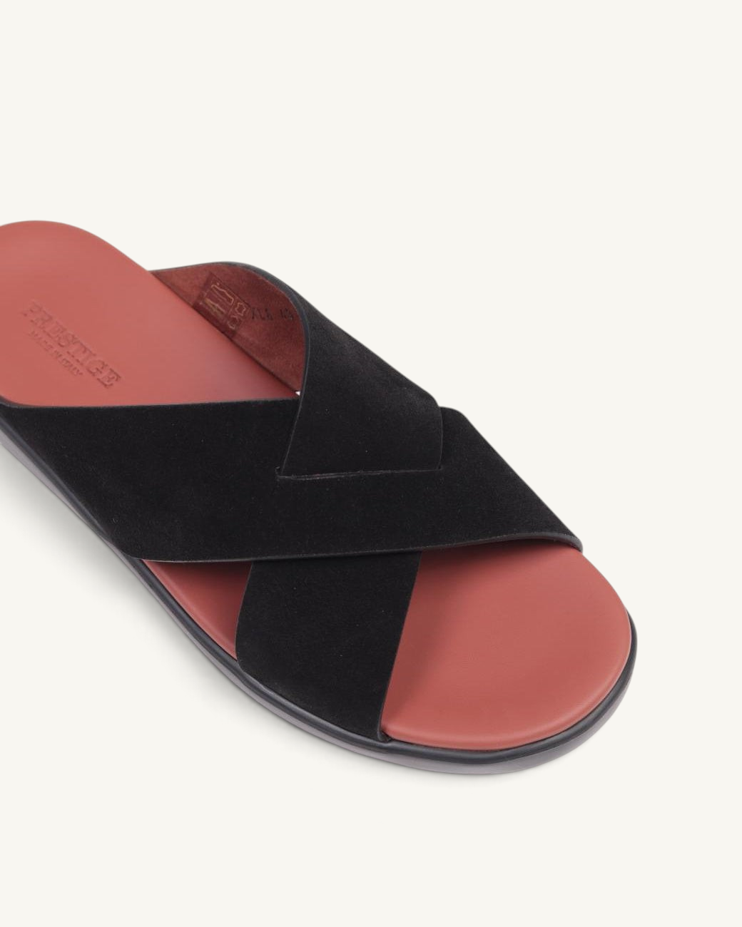 Prestige PSV-XL8 slide sandal featuring black velour crisscross straps and a contrasting terracotta footbed.