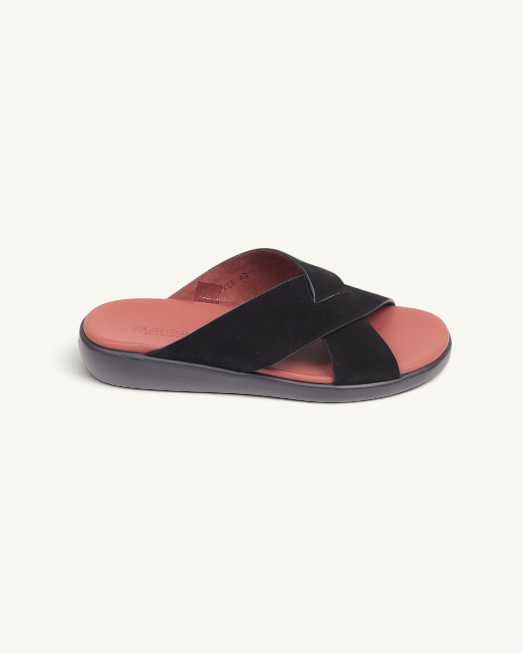 Prestige PSV-XL8 slide sandals featuring black velour crisscross straps and a contrasting terracotta footbed