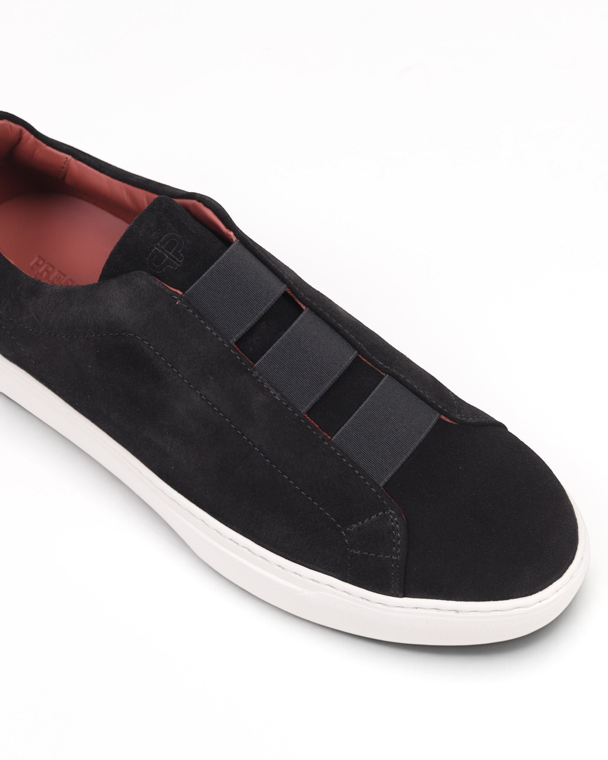 Prestige U5332 lightweight black velour sneaker featuring triple stitch detailing and a white rubber sole.