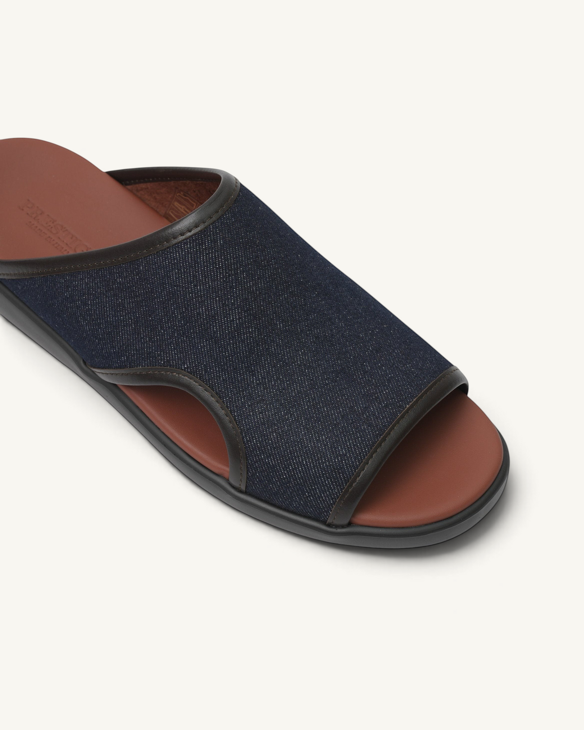 Prestige PSJ-XL11 soft jeans blue denim slide sandal with brown leather footbed and dark trim