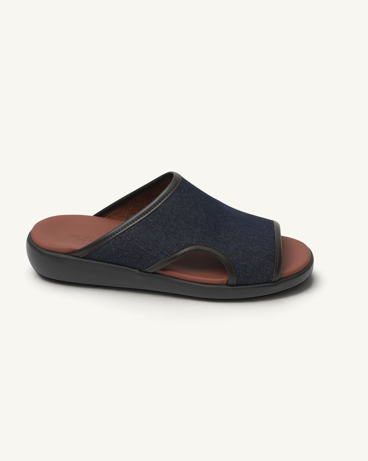 Prestige PSJ-XL11 soft blue denim slide sandals with a brown leather footbed and black rubber sole