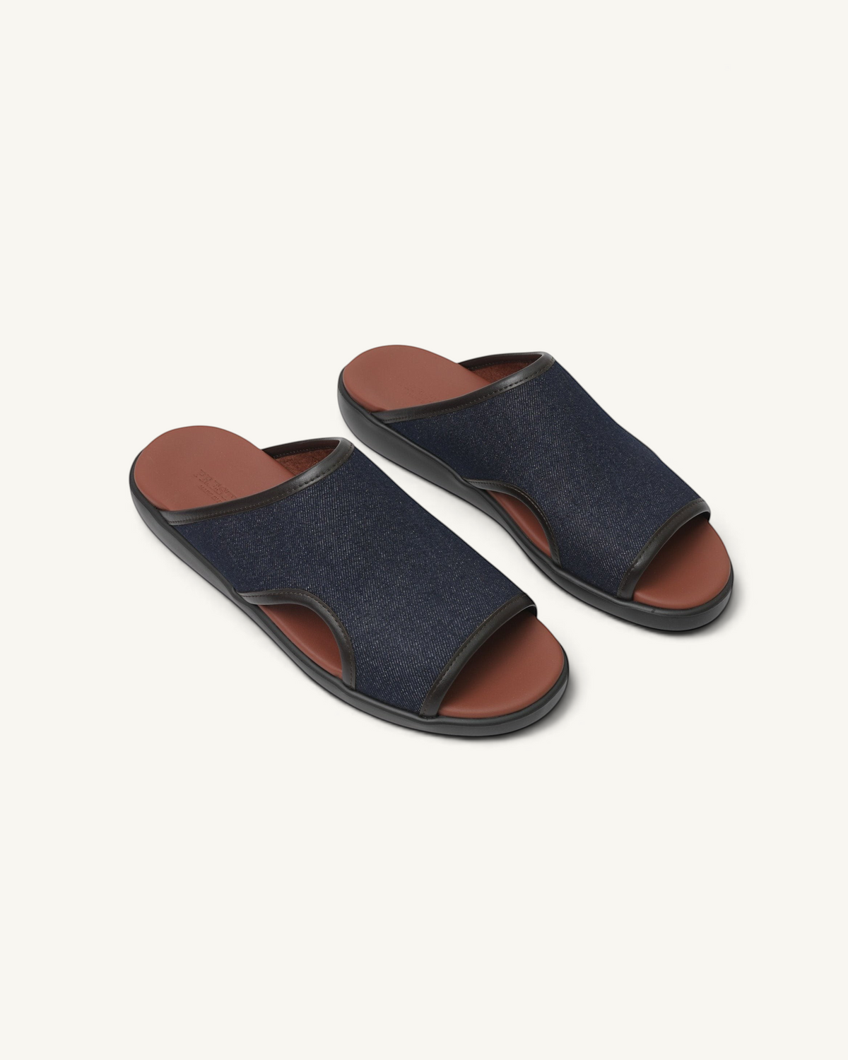Prestige PSJ-XL11 soft blue denim slide sandals with brown leather footbeds and dark trim