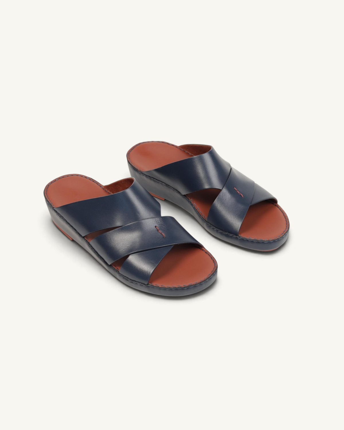 Prestige P3437 PALM LUX blue napa calf leather slide sandals with a comfortable brown footbed and cross-strap design.
