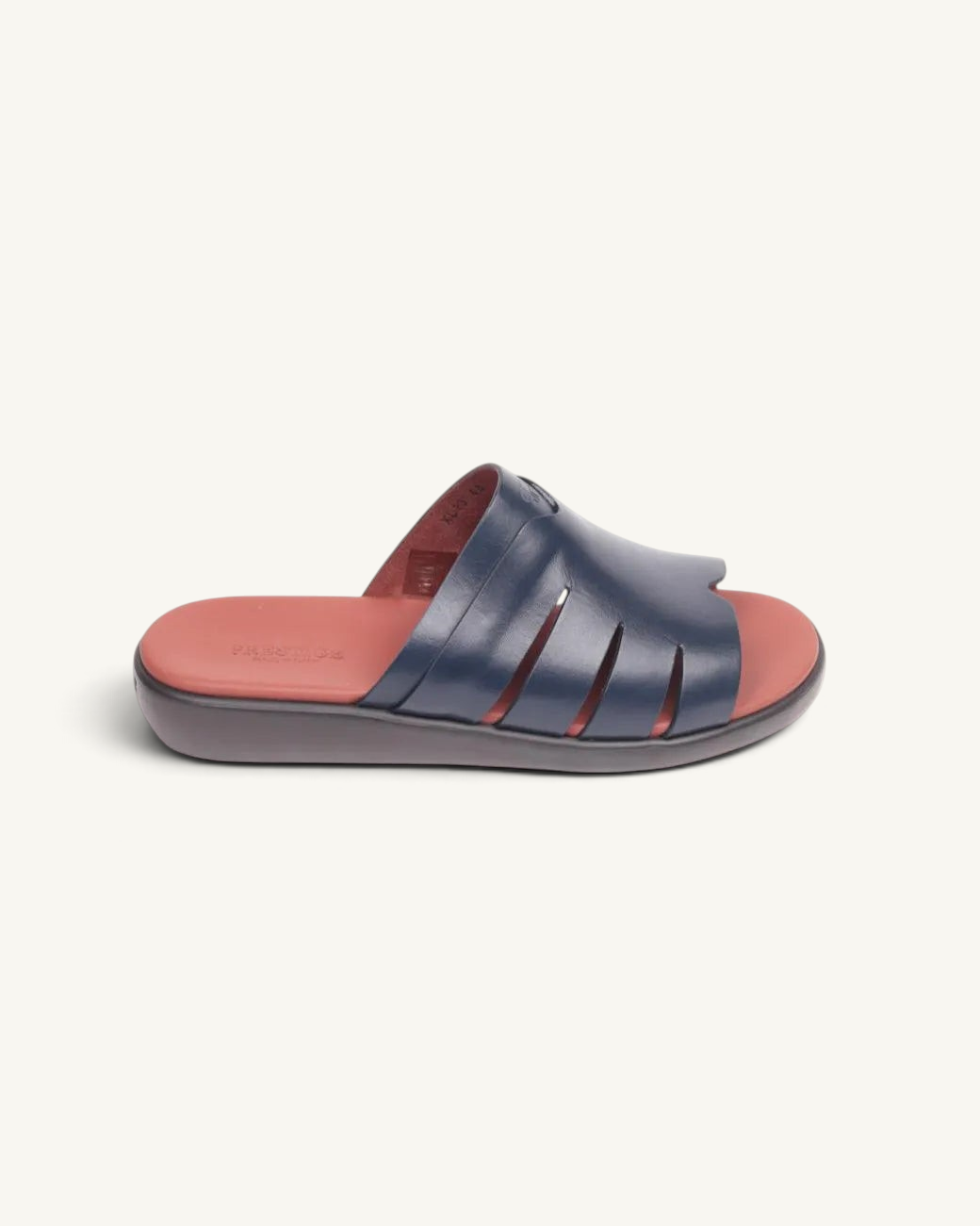 Prestige blue soft nappa calf leather slide sandals with a comfortable red cushioned footbed and cutout design