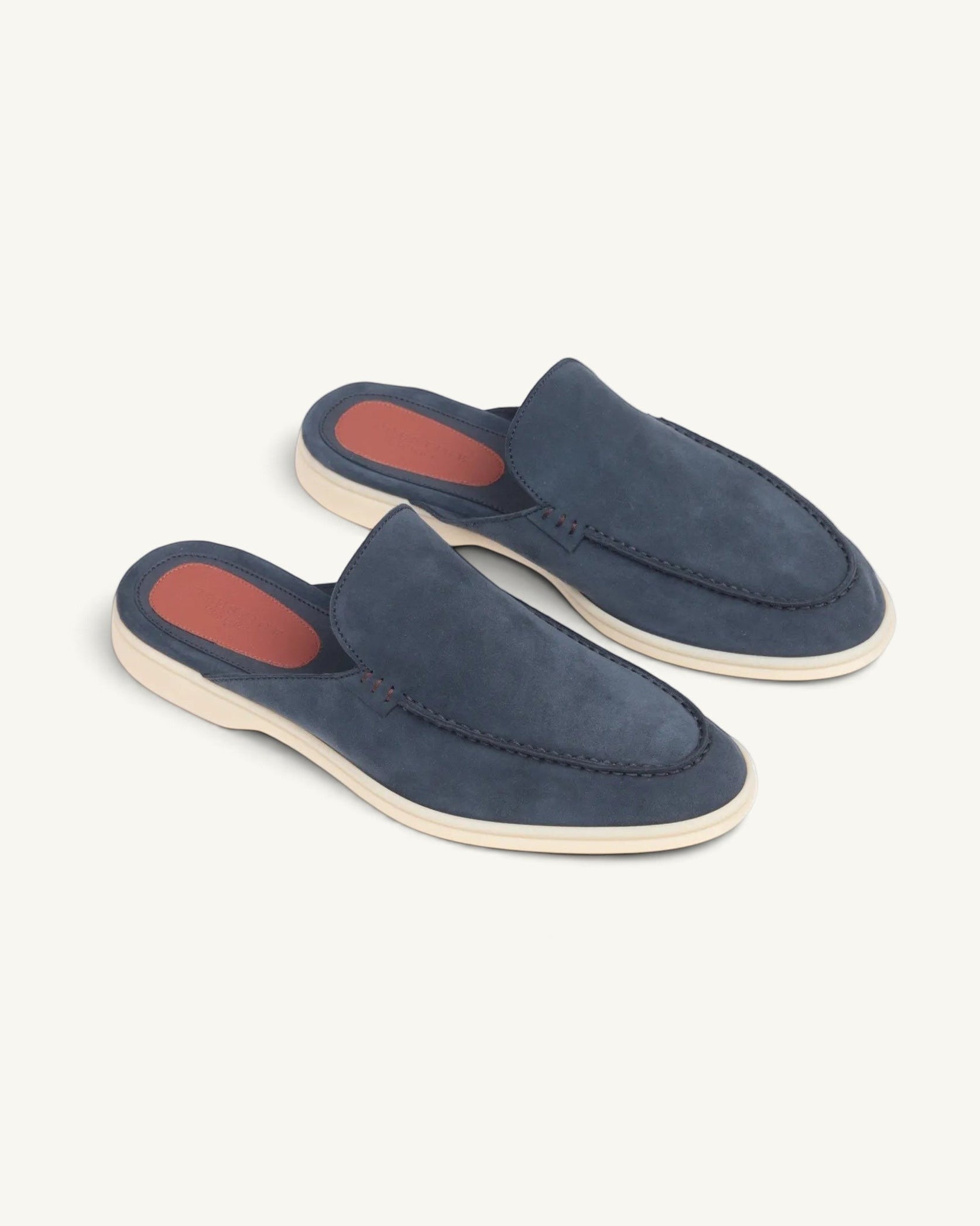 Prestige blue suede babouche summer walk slip-on shoes with a white rubber sole and tan leather insole.