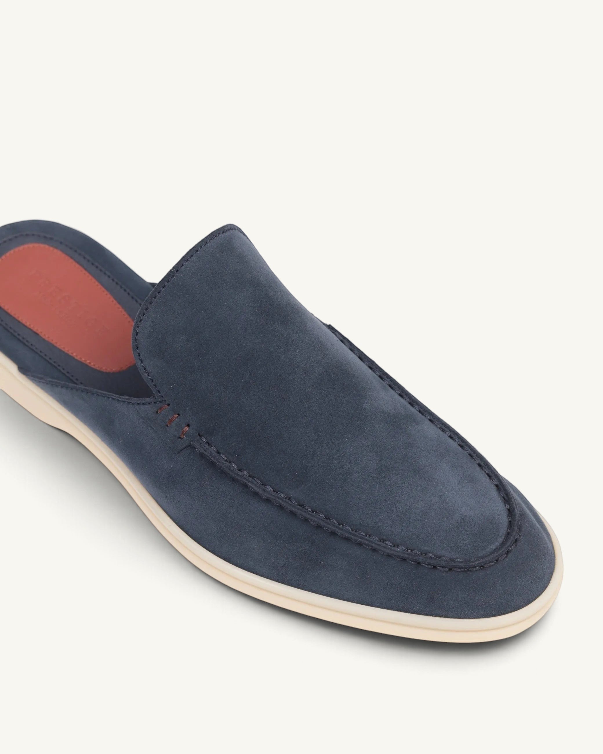 Prestige PBD93 Babouche Summer Walk slip-on shoes in blue suede with a contrast cream sole and tan leather insole.