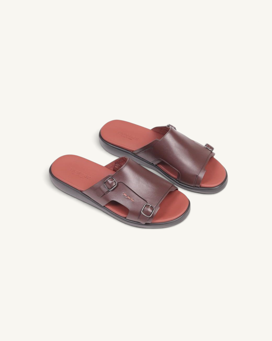 Prestige brown soft nappa calf leather sandals with double buckle straps and a comfortable red footbed