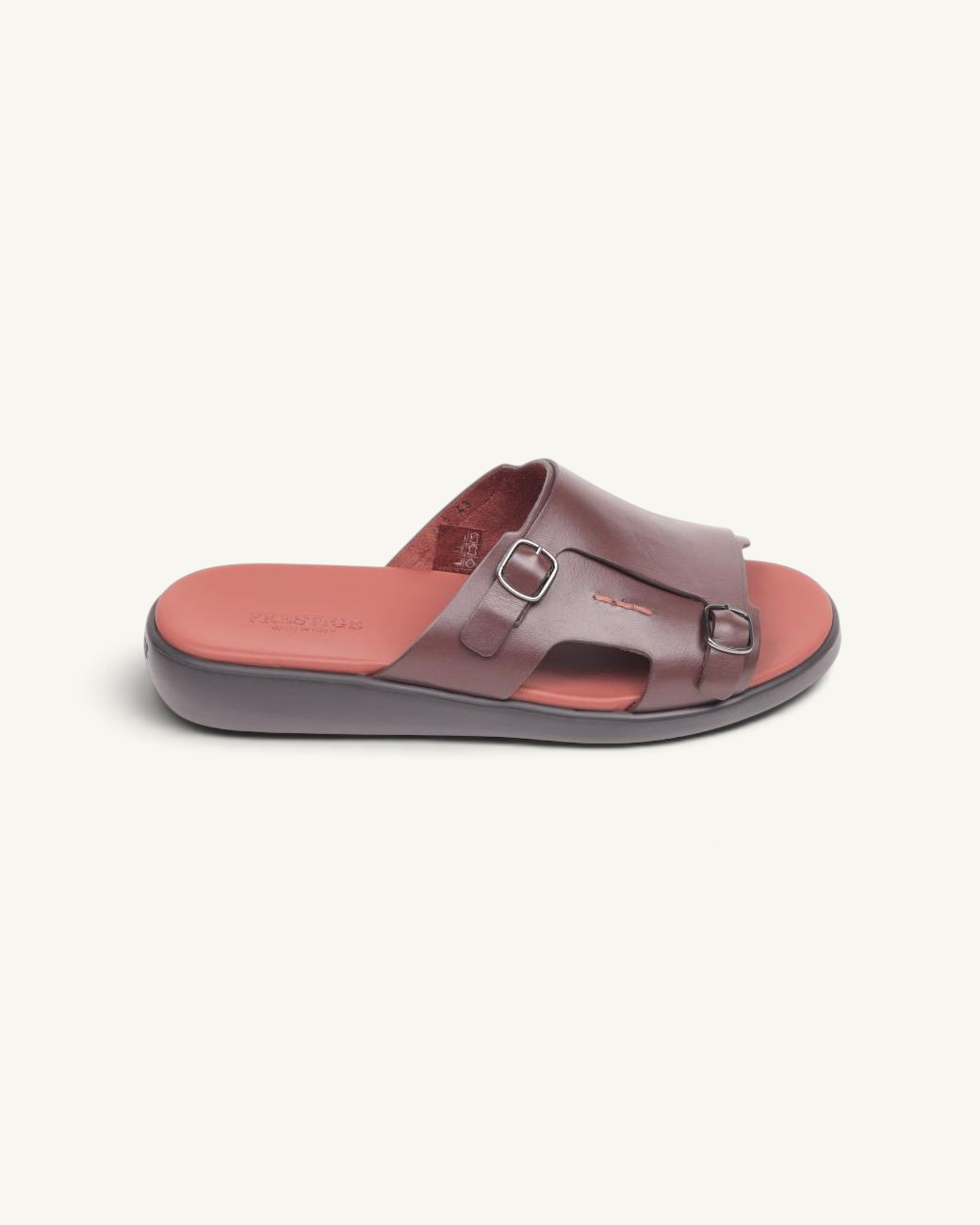 Prestige brown soft nappa calf leather slide sandals with double buckle straps and a cushioned footbed