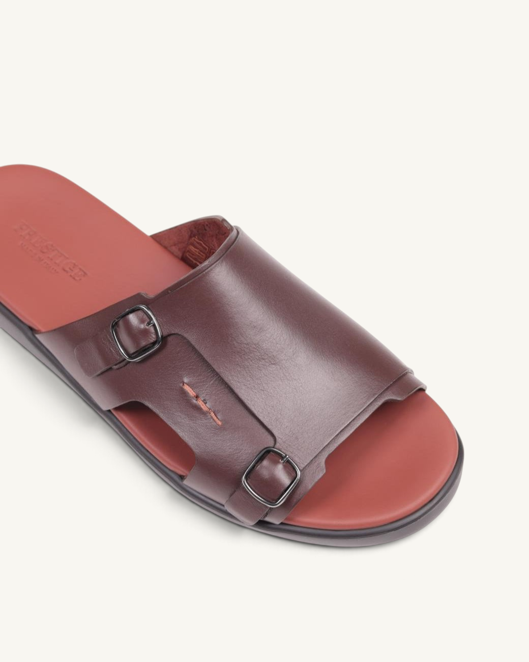 Prestige brown soft nappa calf leather slide sandals with double buckle straps and a comfortable footbed