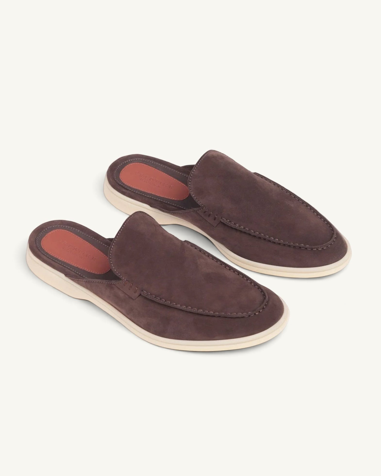 Prestige PSM93S Babouche Walk slip-on shoes in dark brown suede with a white rubber sole and leather insole.