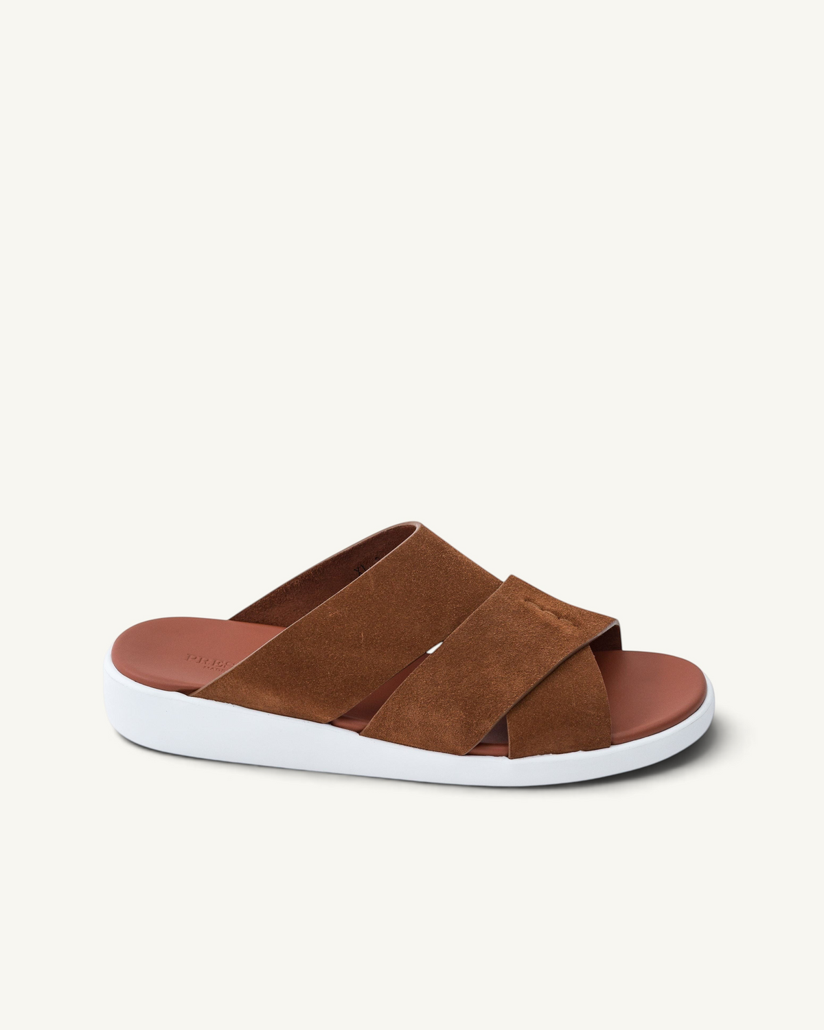 Prestige PVNL-XL3 VELOUR SYRUP brown suede slide sandals with a white cushioned sole