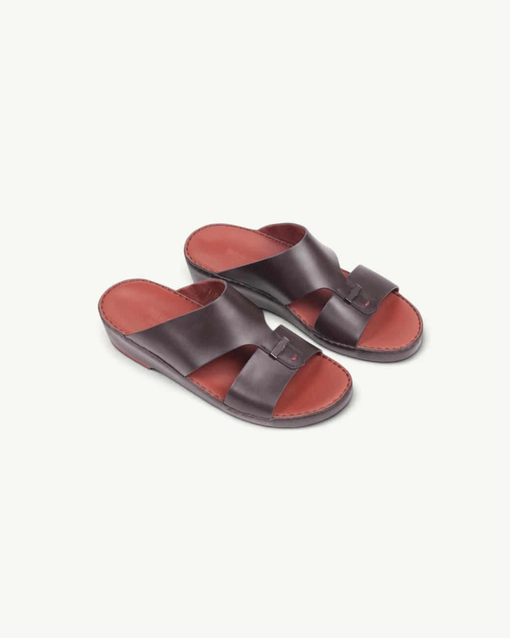 Prestige P3378 Fabulous Lux cacao brown napa calf leather slide sandals with a comfortable red footbed.