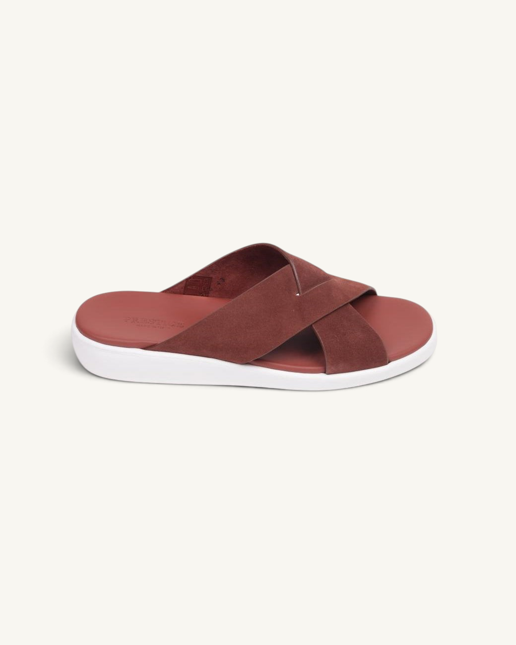 Prestige PSV-XL8 Velour SPORT line slide sandals in castagna brown suede with a white cushioned sole.