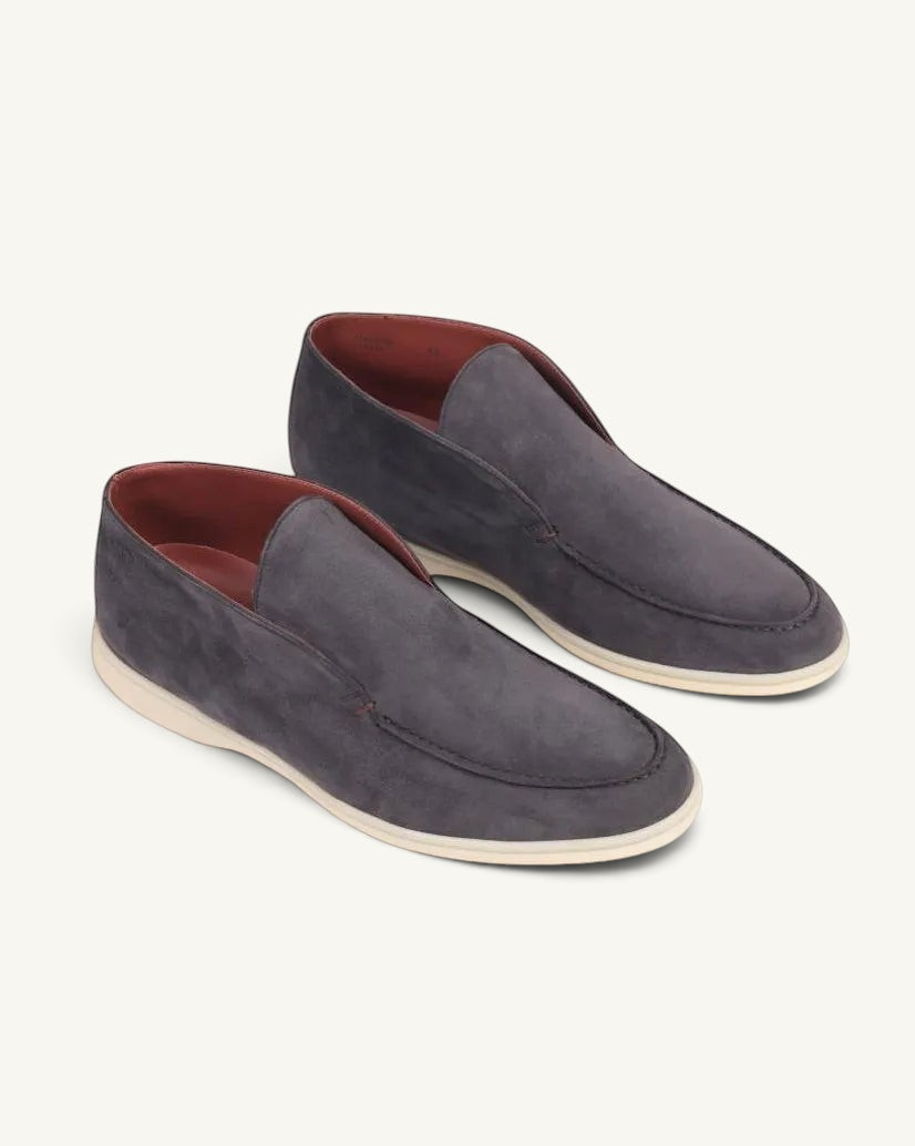 Prestige PSL092S ankle boots in caviar grey suede with a slip-on design and contrasting white rubber sole