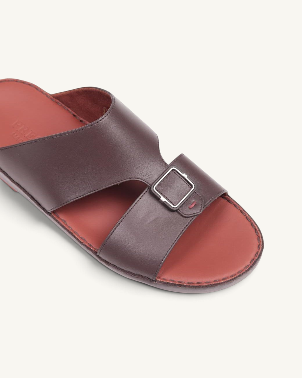Prestige P3439 LEGACY LUX slide sandal in choccolato brown napa leather with a silver buckle and red footbed