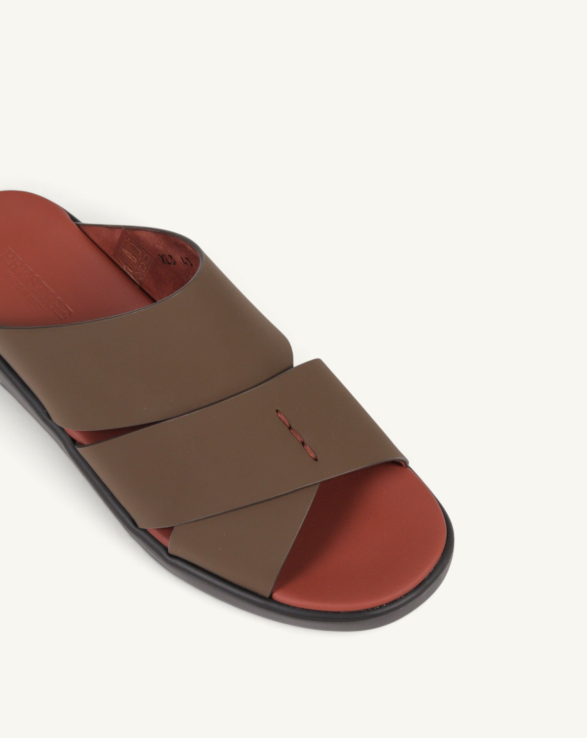 Prestige PG-XL3 slide sandals in copper and brown gommato leather with a crisscross strap design