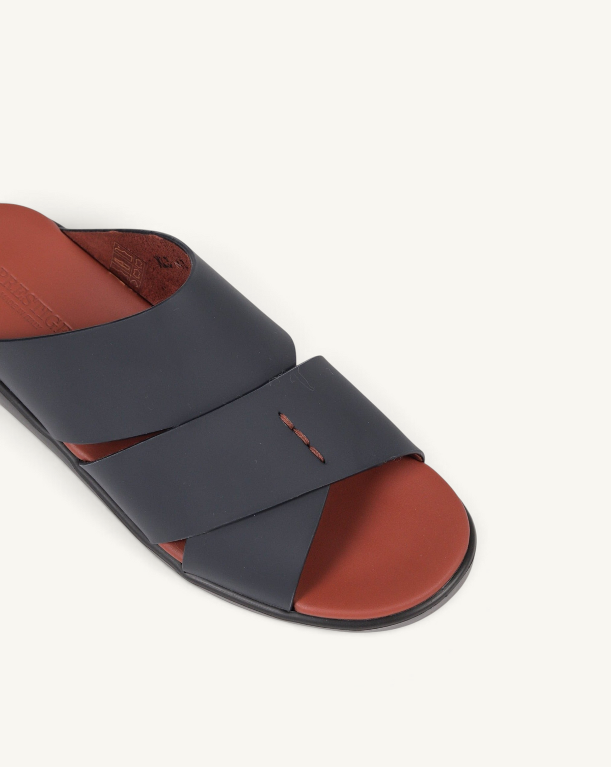 Prestige PG-XL3 slide sandals in dark blue gommato leather with a contrasting terracotta footbed and cross-strap design