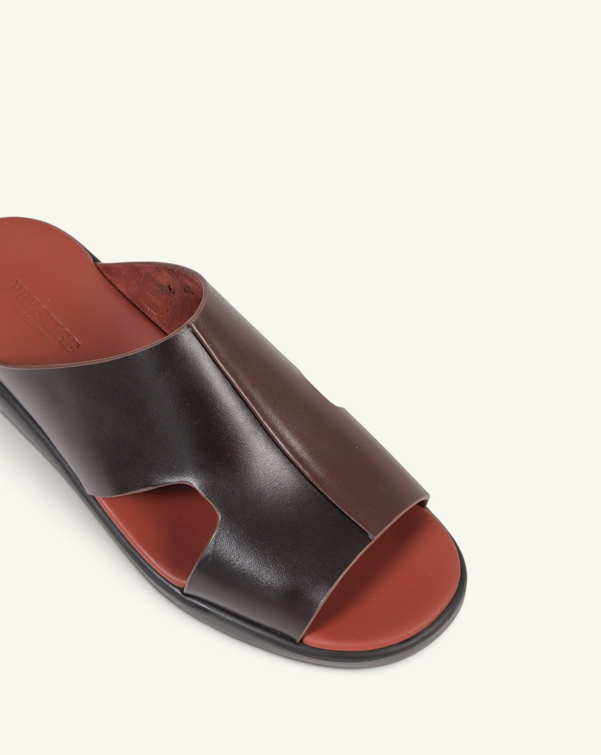 Prestige dark brown soft nappa calf leather slide sandal with a comfortable contoured footbed