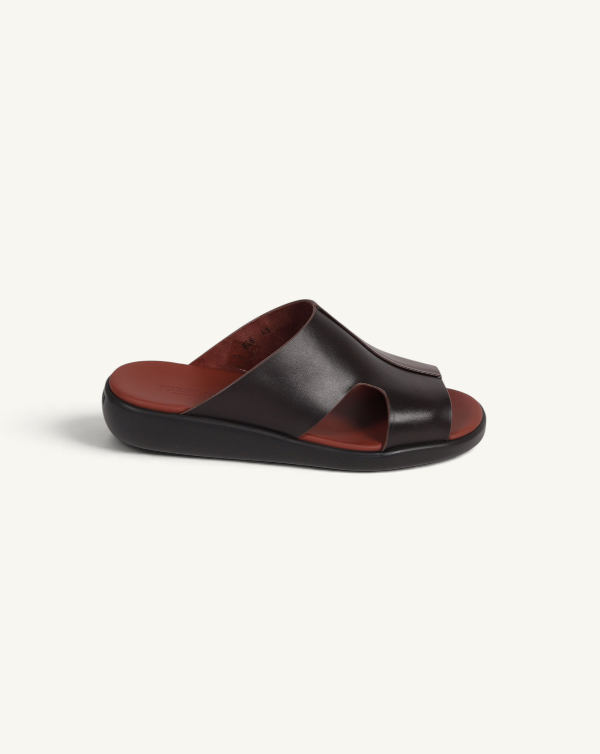 Prestige dark brown soft nappa calf leather slide sandal with a contoured footbed and wide strap design