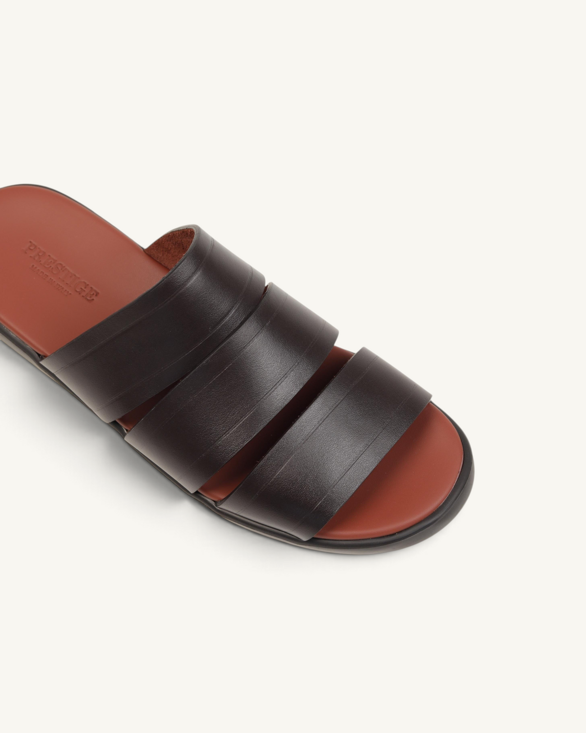 Prestige dark brown soft nappa calf leather slide sandals with a comfortable contoured footbed