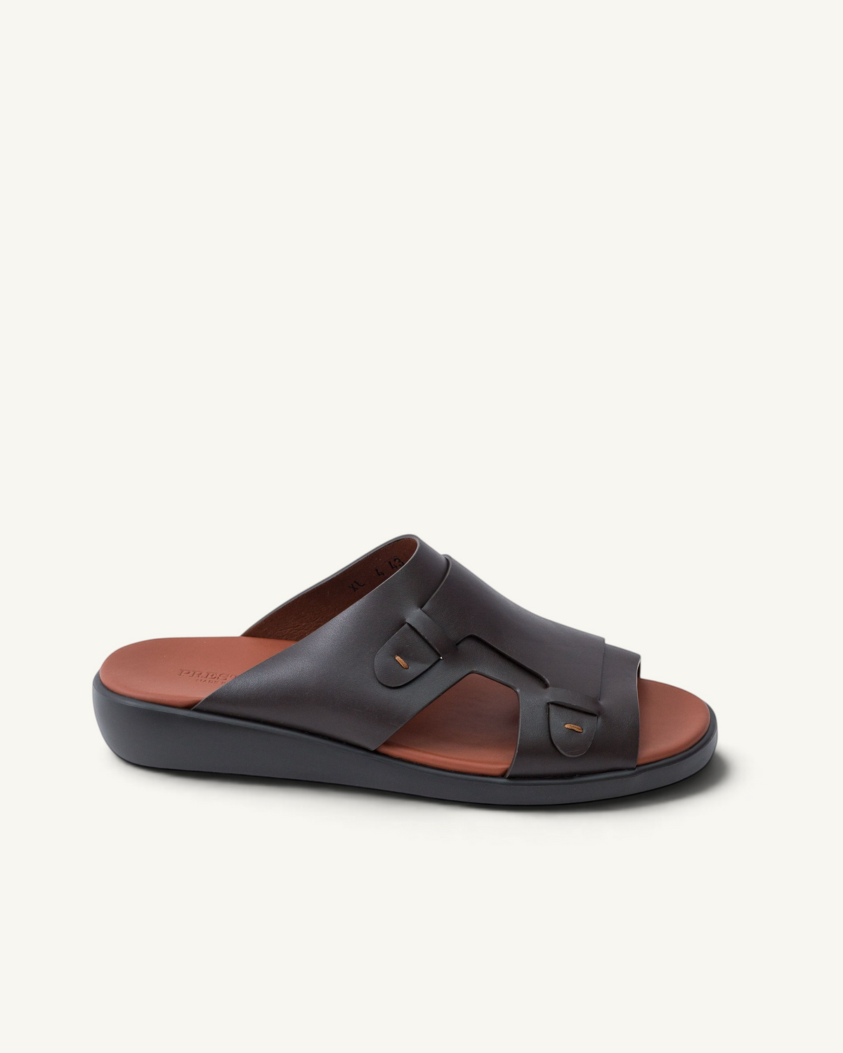 Prestige dark brown nappa calf leather slide sandals with a comfortable contoured footbed and cutout strap design.
