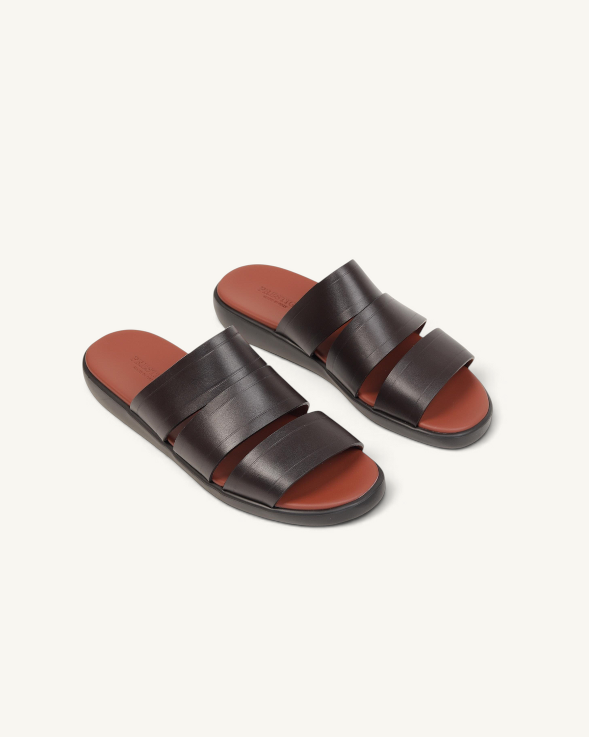 Prestige dark brown soft nappa calf leather slide sandals with three straps and a contrasting tan footbed