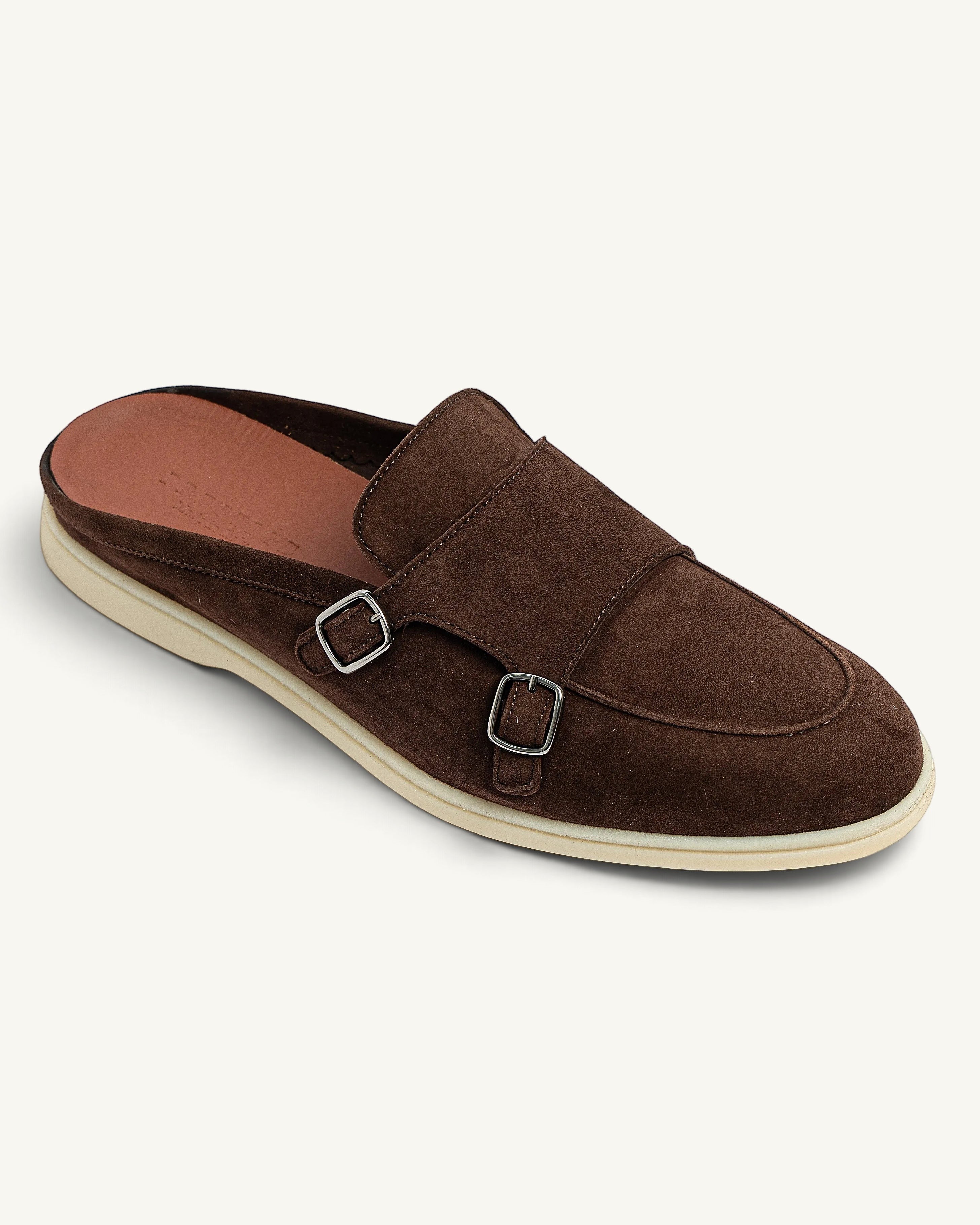 Prestige dark brown suede babouche monk walk shoes with double silver buckles and a flat cream sole