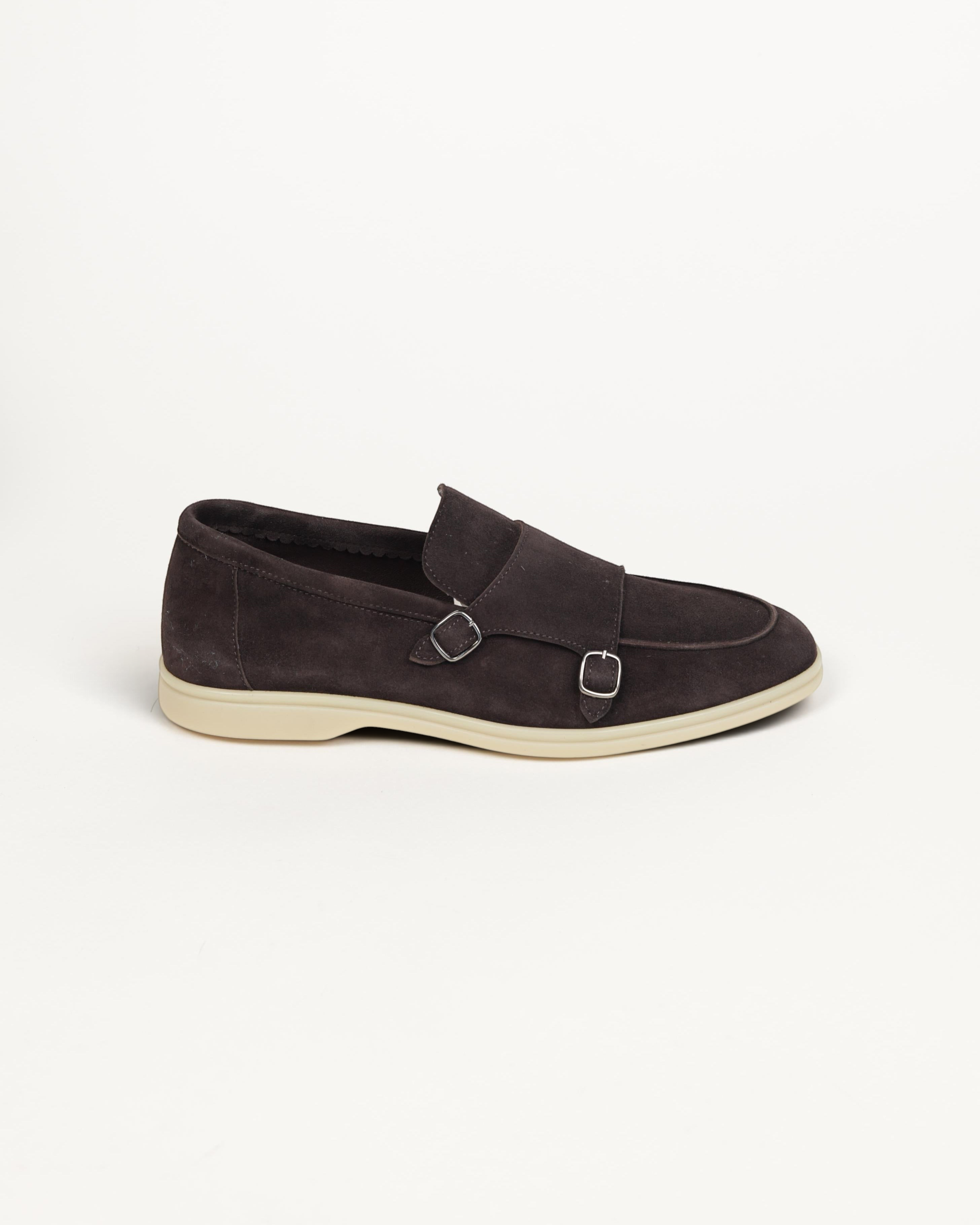 Prestige dark brown suede double monk strap loafer with a light beige rubber sole