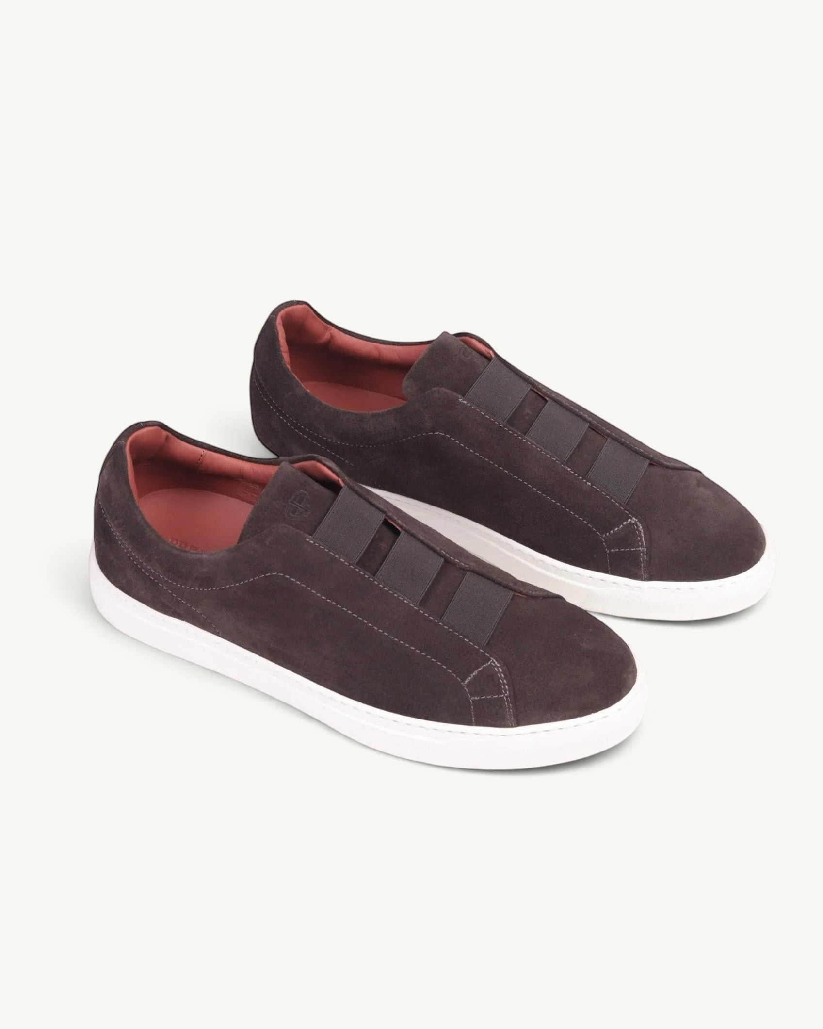 Prestige dark brown velour sneakers featuring triple stitch detailing and a lightweight white rubber sole