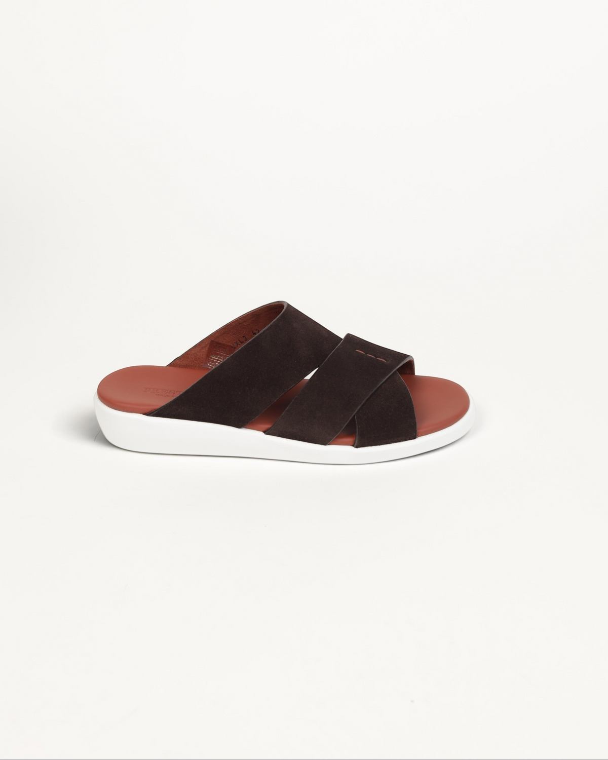 Prestige PVNL-XL3 velour sport slide sandals in dark brown with a white sole and cross-strap design.